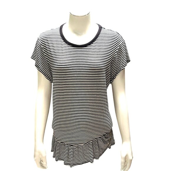 Pebble and Stone XL Black White Striped Ruffle Hem Top Minimalist City Chic - Picture 2 of 9